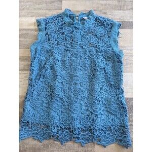 NWT Boho Lagenlook Floral Crochet Lace Overlay Agate Blue Tunic Style Sz S